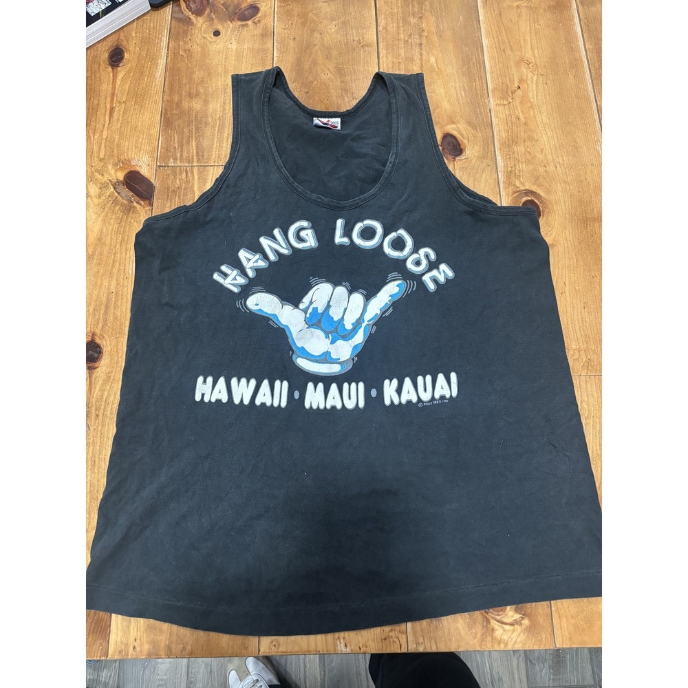 Vintage Poly Tees Hang Loose Hawaii Maui Kauai Shaka Tank Top Men's XL Black